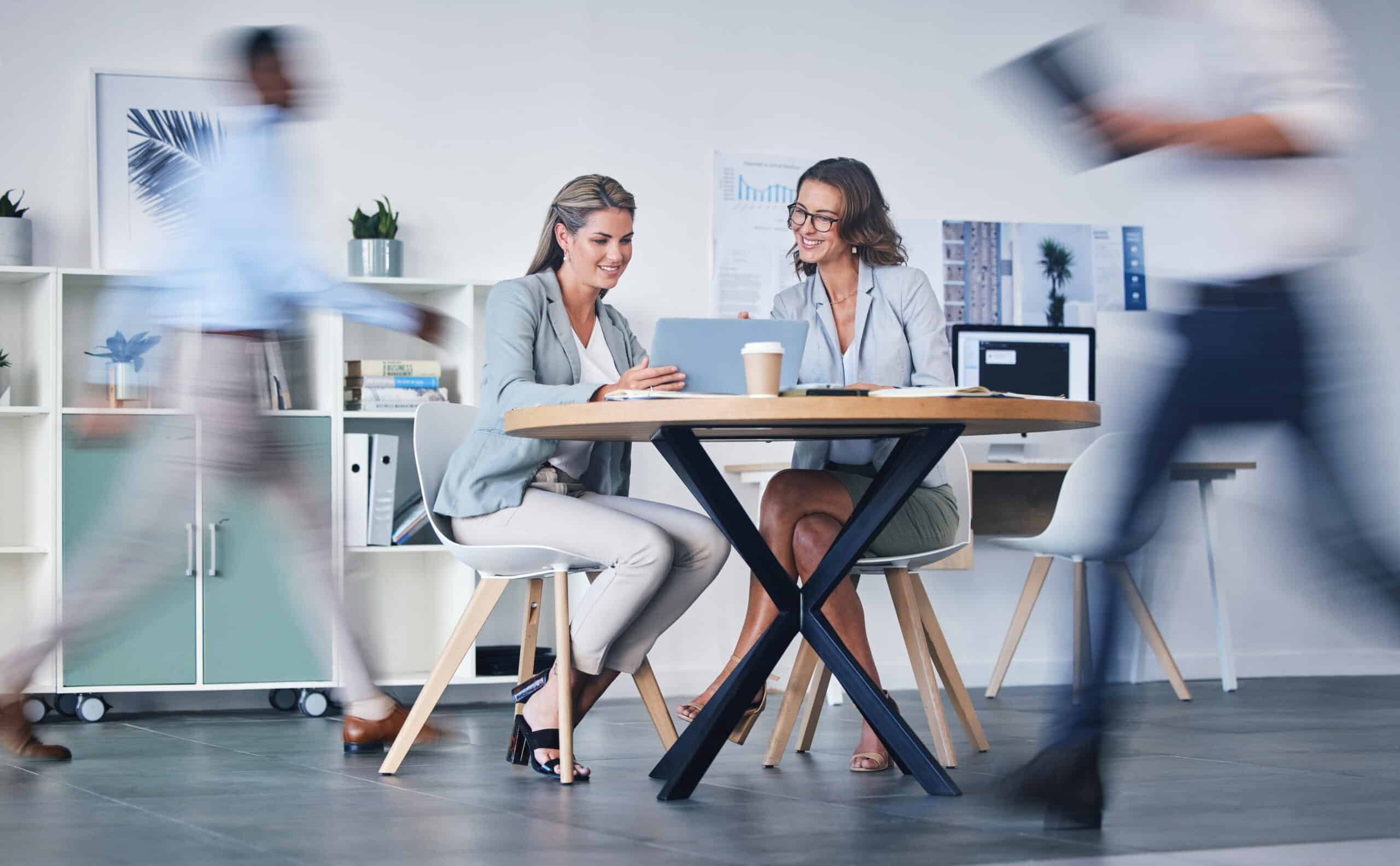 Manager, leader and employee planning strategy on laptop in a work office a with web app. Corporate women doing business research with the web or internet while reading email on company technology.